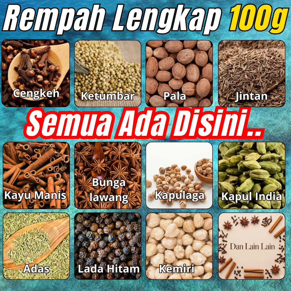

REMPATERA - {100g} Rempah Nusantara Lengkap - Pala, Kayumanis, Bunga Lawang, Cengkeh, Ketumbar, Kemiri, Jintan, Adas, Ladahitam, Kapulaga, Merica, Bunga Pala, Kapulaga Hijau,Oregano, Thyme, Basil, Parsley dll