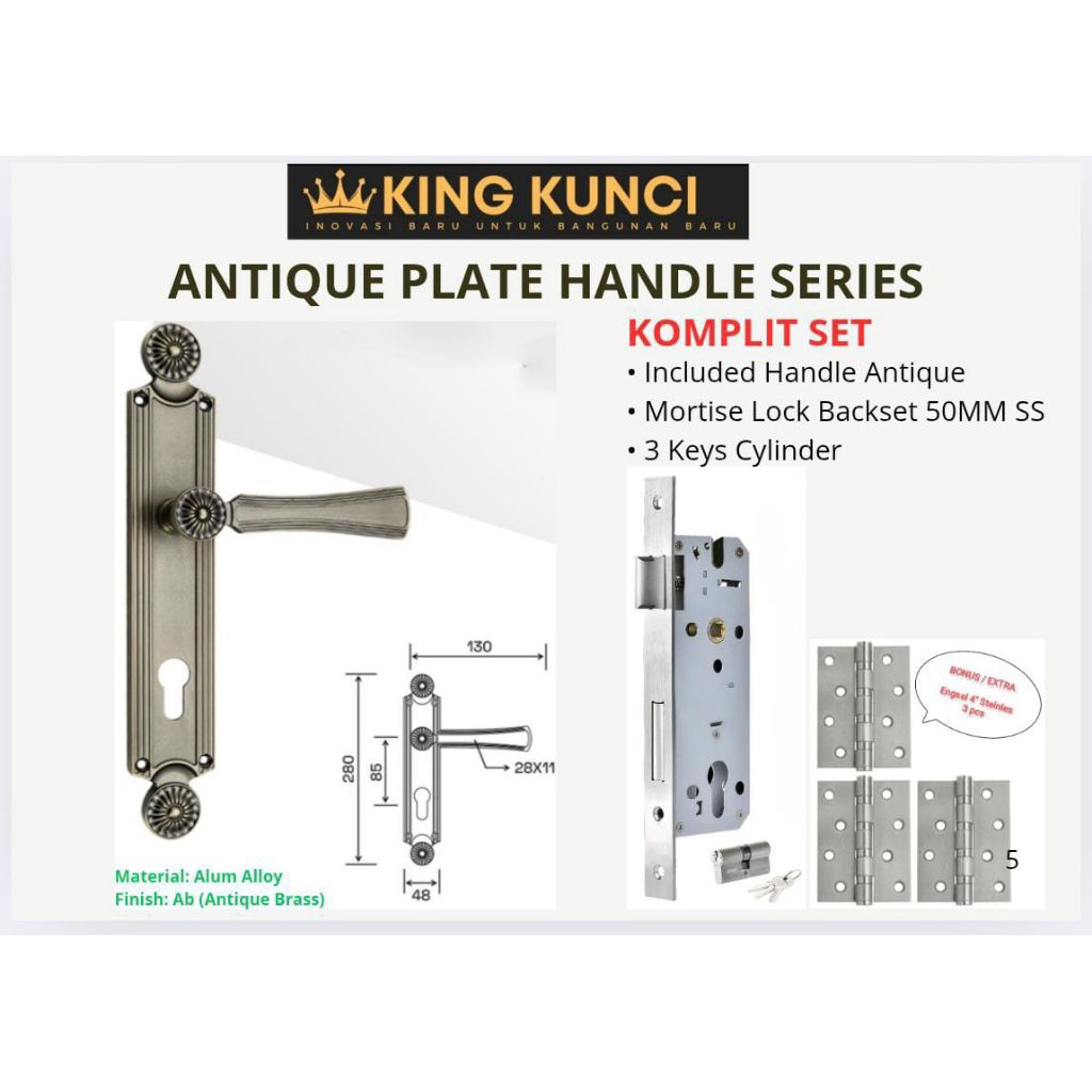 Paket gagang handle pintu antik komplit set kunci