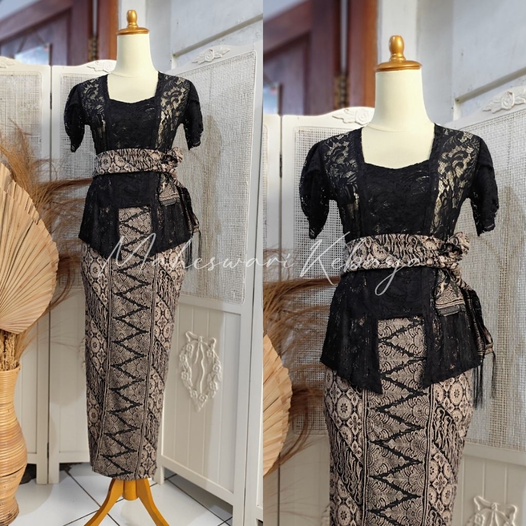 Kebaya Brukat Lilit Hitam Rok Jaguar Selendang Batik Liris Hitam Nude