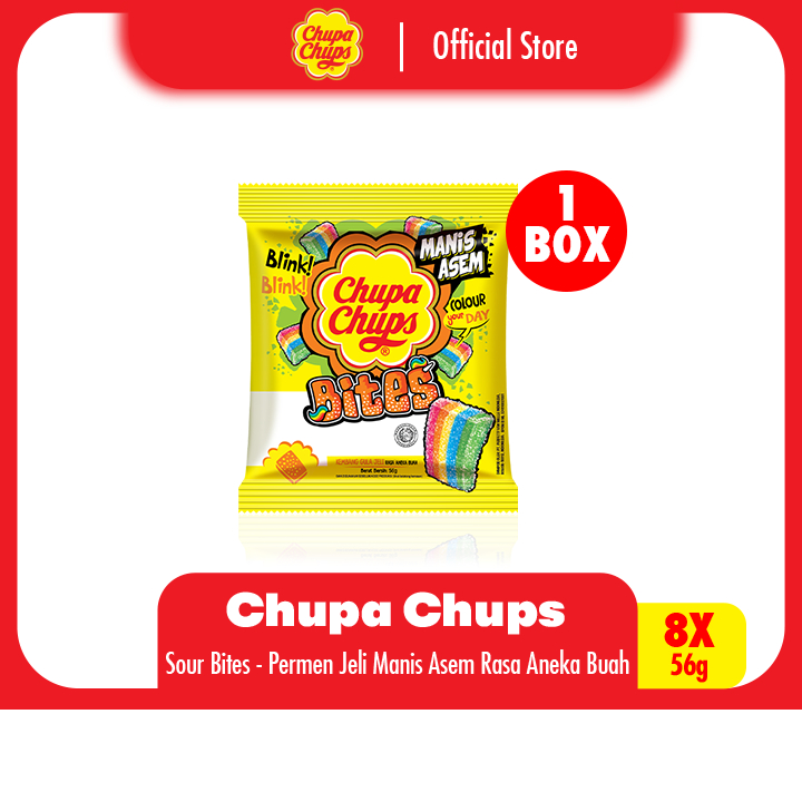 

Chupa Chups Sour Bites 56g - Permen Jeli Manis Asem Rasa Aneka Buah (1 Box)