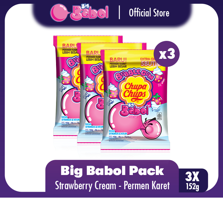 

Chupa Chups Big Babol Strawberry 152g - Permen Karet Rasa Stroberi (3 Packs)