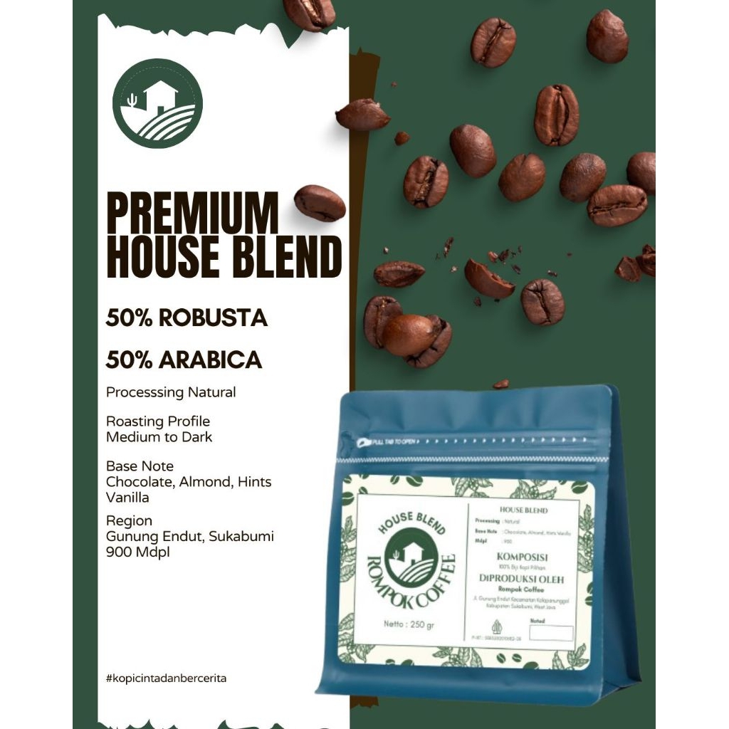 

Kopi House Blend Original Biji Kopi Asli 100gramRompok Coffee Roastery Kopi RobustaTerenak