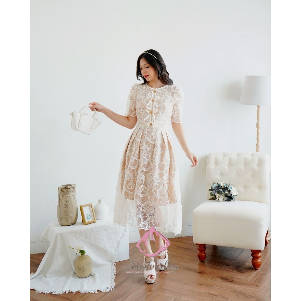 Chantily white brokat dress putih/ merah dress natal brokat mewah midi premium