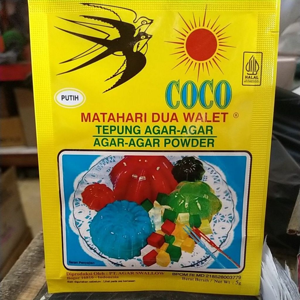 

AGAR AGAR COCO MATAHARI DUA WALET PUTIH 5G ,PER SACHET