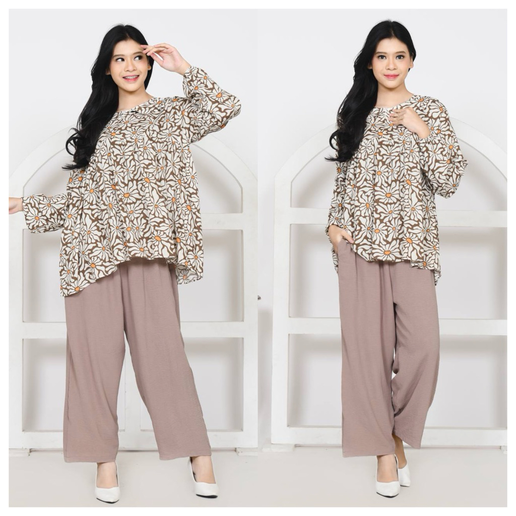 ESNDA Nella One set Atasan Celana Kulot Oversize Setelan Kemeja Tunik Wanita Baju Sehari Harian Cant