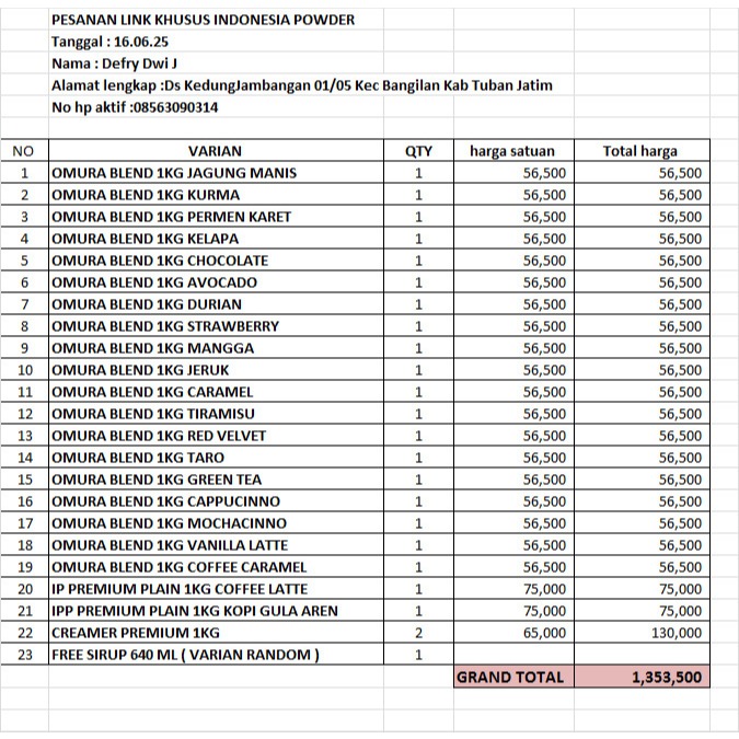 

Pesanan Bubuk Minuman Atas Nama Defry Dwi J
