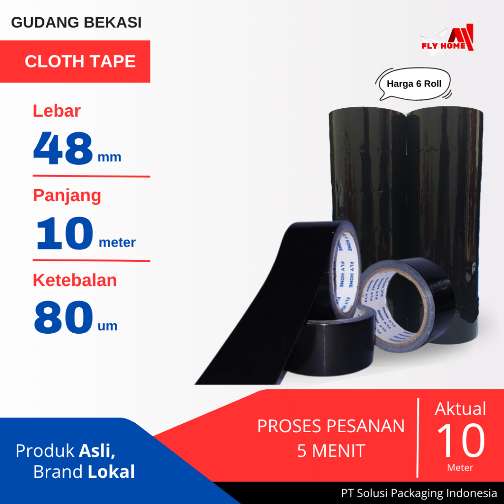 

FLYHOME 6Roll Lakban Jilid/Kain Hitam 48x10M 2inchi Cloth Tape 10 meter