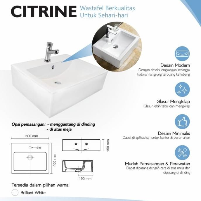 Wastafel ONLY - Cuci Tangan Trilliun Citrine Putih Keramik Kotak - wastafel citrine bs gantung / dud