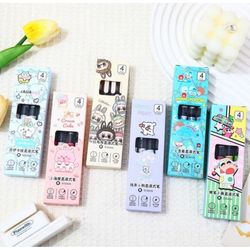 

VIRAL! 1 SET 4 PCS PULPEN GEL TINTA CAIR WANA HITAM KARAKTER LABUBU, SHINCHAN, LOOPY KAWAII