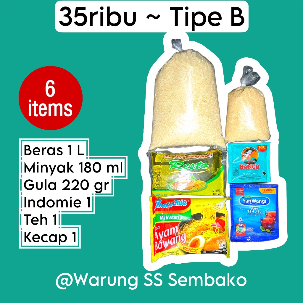 

Paket Sembako 35ribu Tipe B - Beras 1 Liter Minyak Goreng Gula Pasir Indomie Teh Kecap Lengkap Komplit Murah Hemat