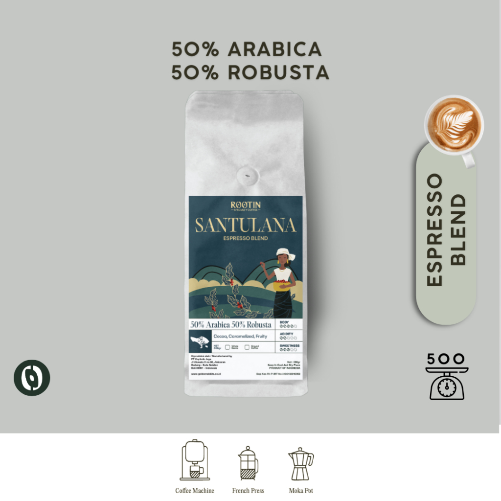 

Rootin Coffee Santulana Espresso Blend 50% Arabika 50% Robusta Beans Biji dan Bubuk Kopi / 500gr