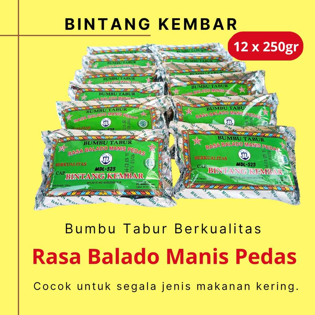 

Bumbu Tabur Rasa Balado Manis Pedas merk Bintang Kembar mdl 525 1 Bal ( 12 sachet x 250gr )