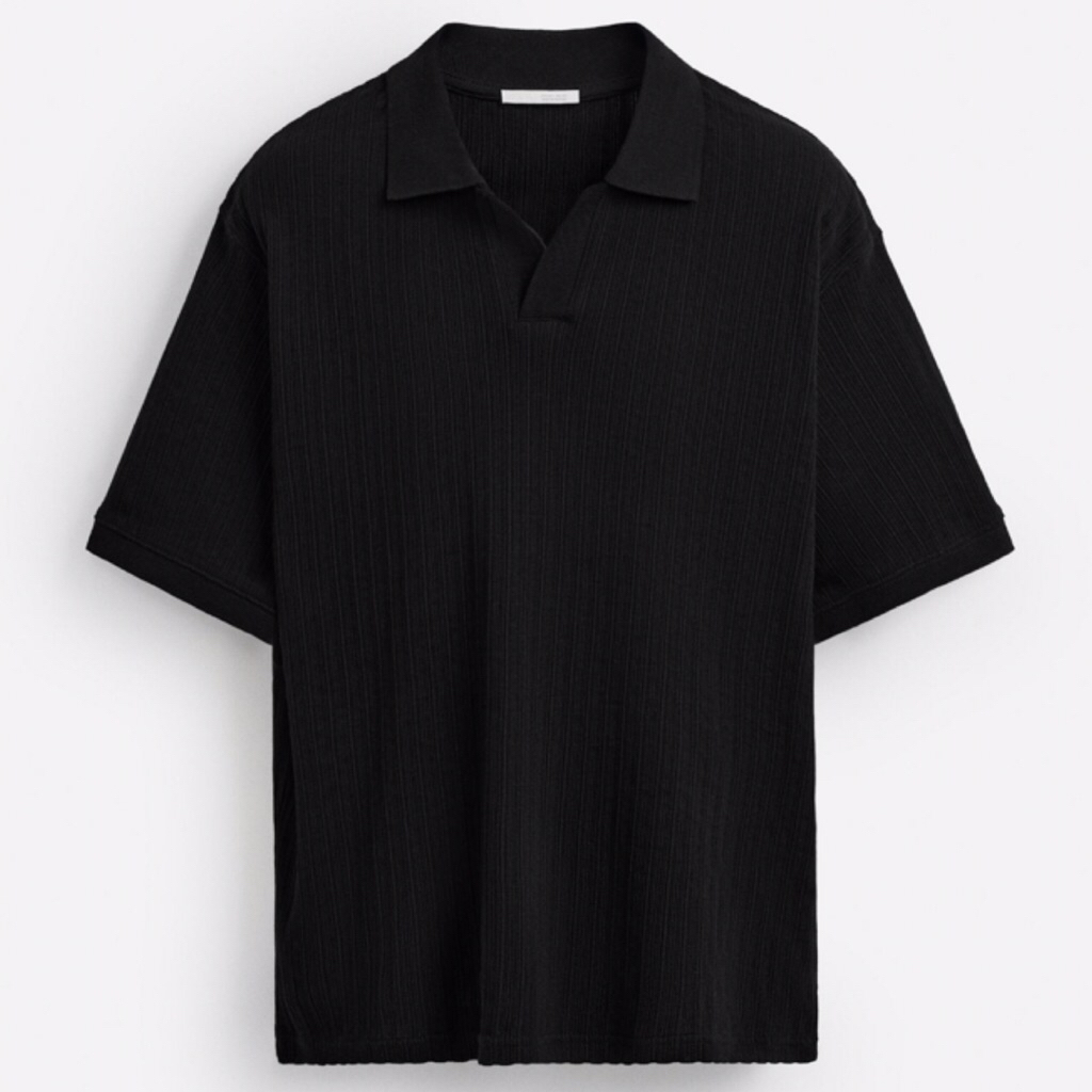 ZARA Men Textured Polo Shirt Kaos Pria Lengan Pendek Black