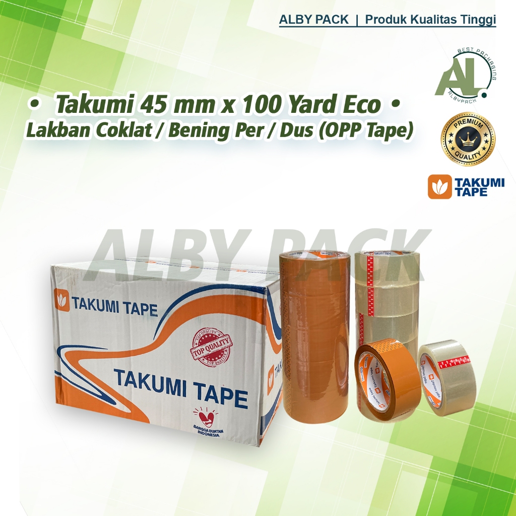

Lakban Bening / Lakban Coklat 45mm x 100 yard TAKUMI TAPE 1 Dus isi 72 roll Ekonomis