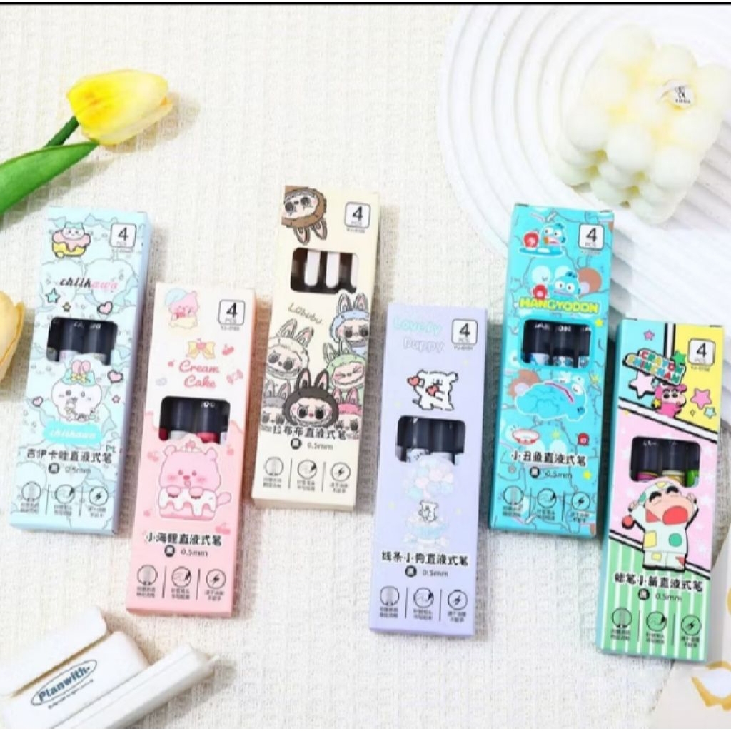 

VIRAL! 1 SET 4 PCS PULPEN GEL TINTA CAIR WANA HITAM KARAKTER LABUBU, SHINCHAN, LOOPY KAWAII