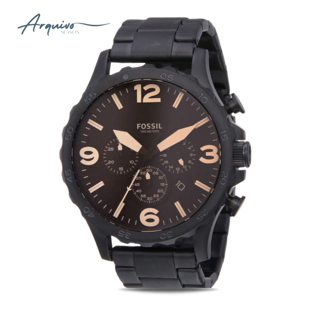 Jam Tangan Fossil Pria Nate Chronograph Black Stainless Steel Sporty Original JR1356