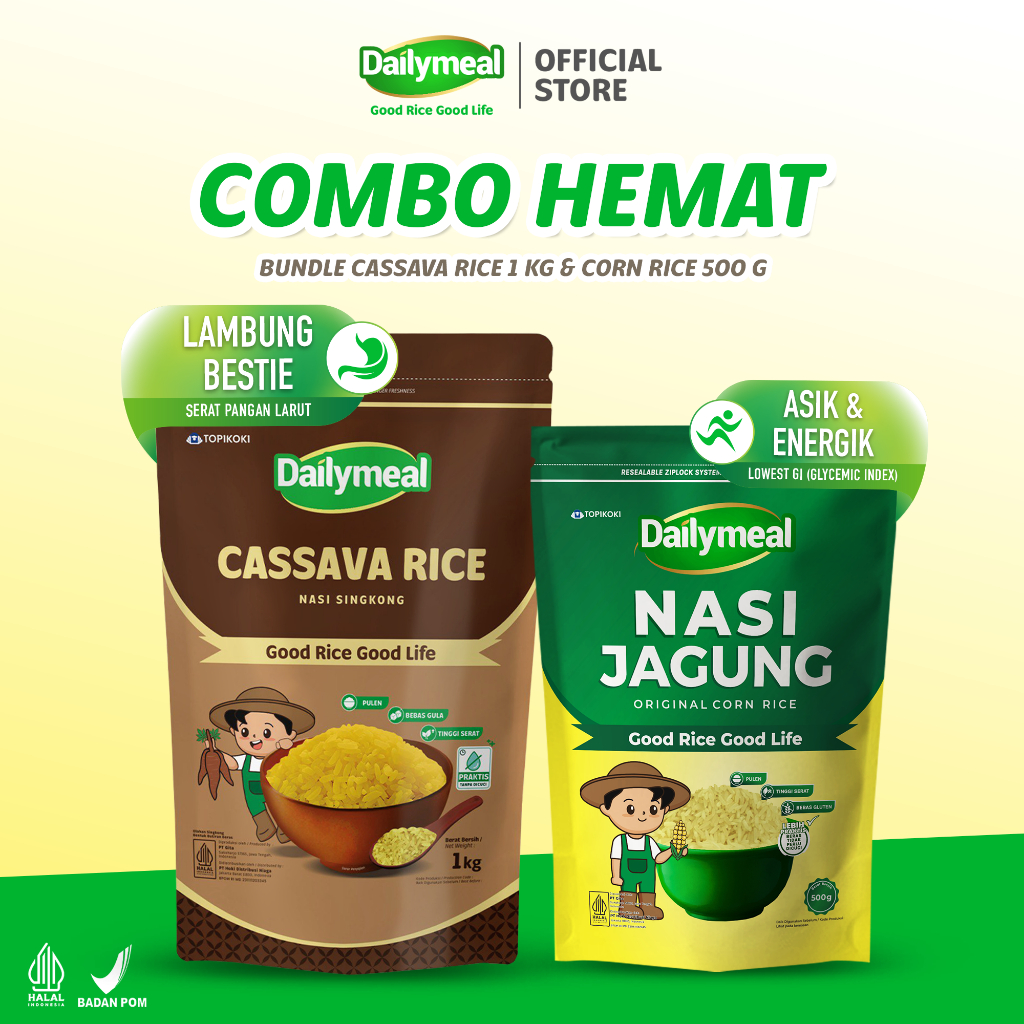 

[Combo Hemat] Dailymeal - Cassava Rice (Nasi Singkong) 1kg & Corn Rice (Nasi Jagung) 500g - Perpaduan Sehat untuk Pola Makan Aktif