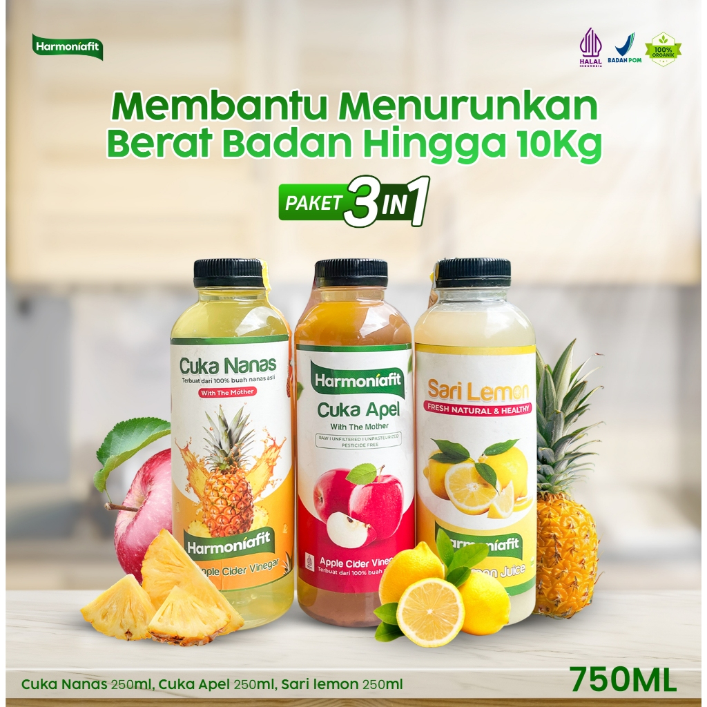 

Paket Diet Harian 3 in 1 | Cuka Apel Nanas Lemon – Bantu Turun BB & Jaga Metabolisme | Harmoniafit