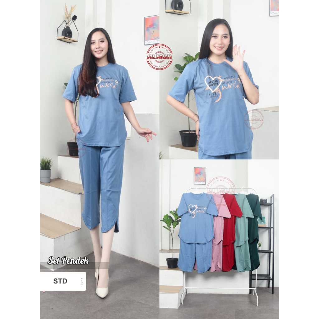 VANTES - Setelan Pendek Kaos 100% Cotton Combed 20s Pakaian Wanita Santai Size XL XXL XXXL Katun Com