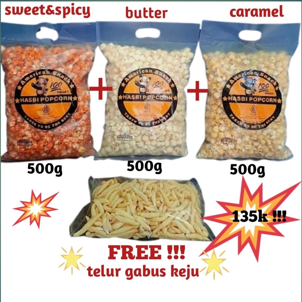 

[BONUS] 1.5KG ALL VARIANT popcorn Caramel 500g+sweet spicy500g+butter250g+telur gabus keju 170g
