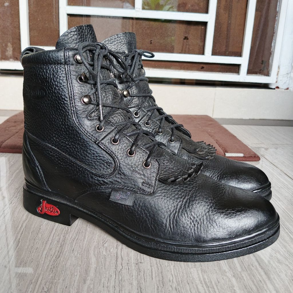 JUSTIN USA Brand Roper Kiltie Lace Up Round Toe Western Cowboy Biker Motor Work Boots Waterproof Bla