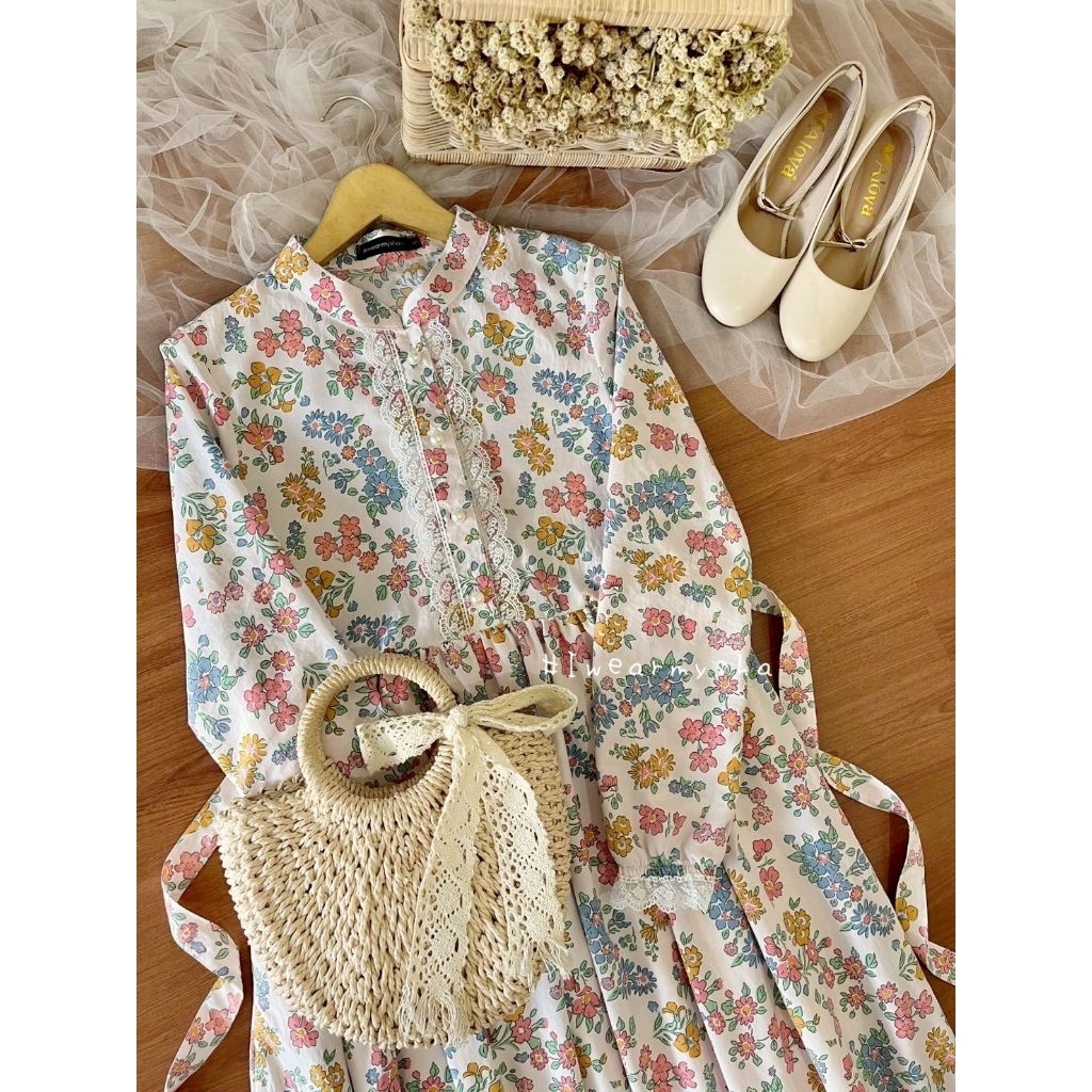 GARANSI Mysha Iwearmysha EMILY DRESS : FLORY PEACH Gamis Motif Bunga Terbaru Korean Dress Size S M L