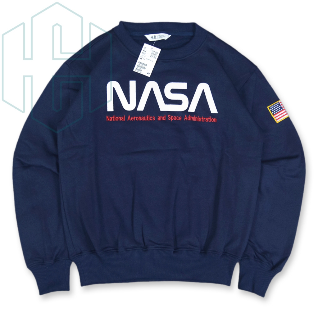 Sweater Crewneck Nasa HM Hitam-Putih-Navy Full Tag & Label