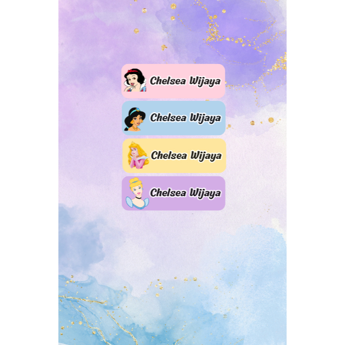 

Stiker Nama Custom / Stiker Buku Anak / Stiker Nama Anti Air - TEMA : PRINCESS DISNEY