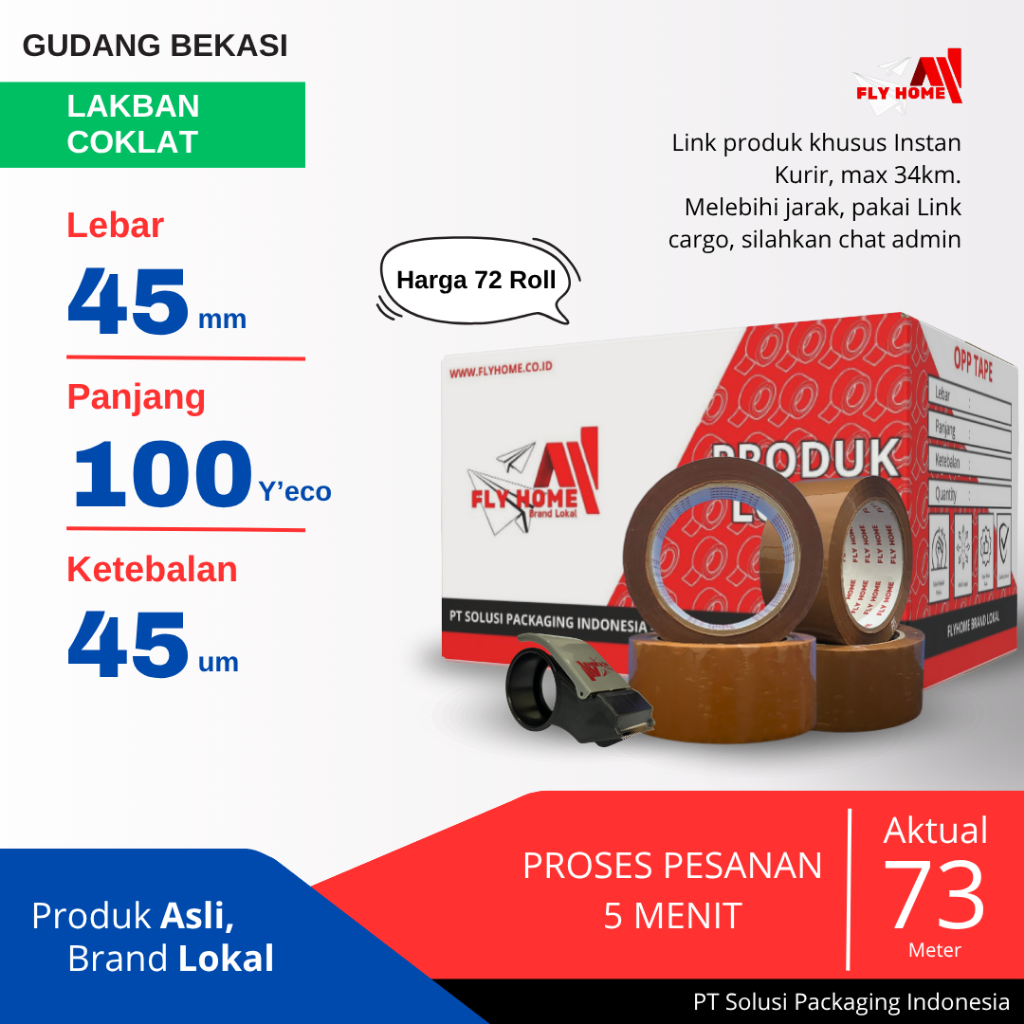 

FLYHOME 1Dus Lakban Coklat 45x100Y 2inchi Solasi Uk Besar 72Roll ECO 100 yard INSTAN