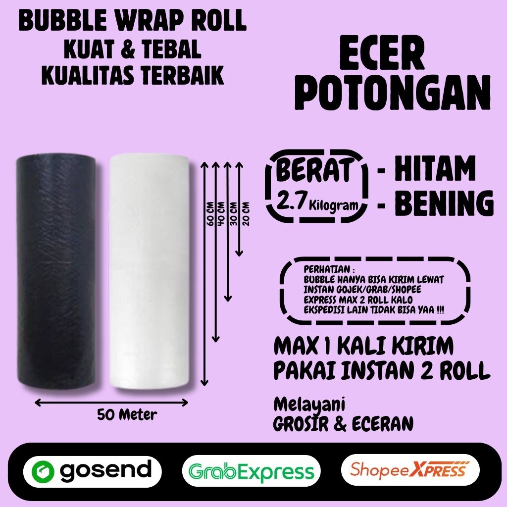 

Bubble Wrap Hitam/Bening Eceran Potongan Berat 2.7kg Panjang 50meter