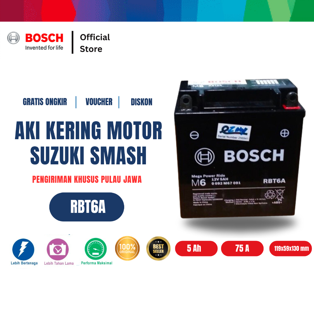 Bosch Aki Kering Motor Suzuki Smash - Maintenance Free - RBT6A