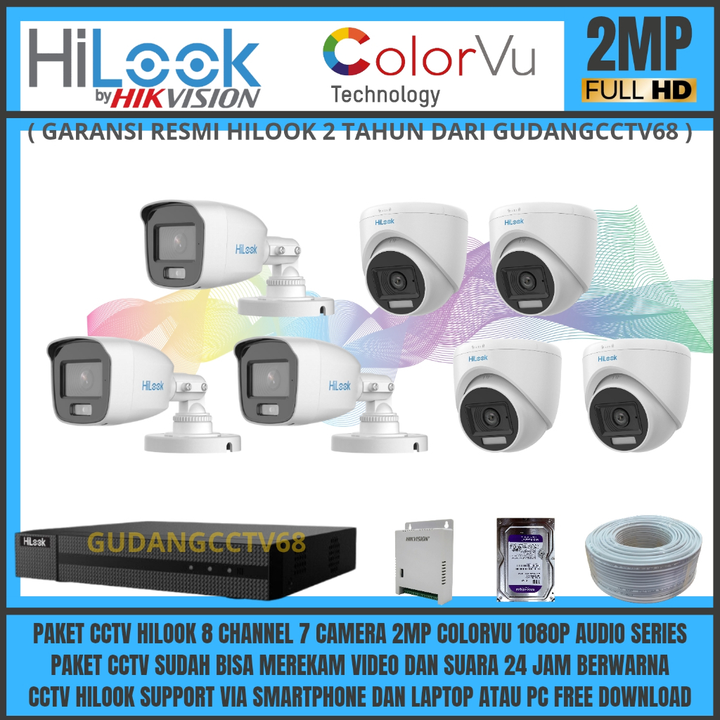 Paket Cctv HiLook Colorvu 8 Channel 7 Camera Hilook 2mp Paket Komplit  Tinggal Pasang