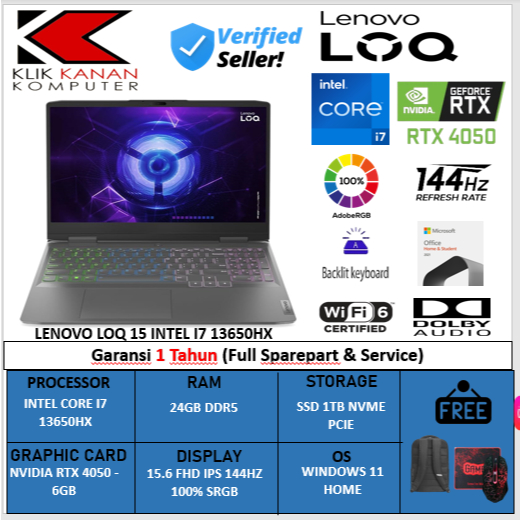 Laptop Lenovo LOQ 15 intel i7 13650HX 24GB DDR5 SSD 1TB RTX4050 144hz 100%SRGB W11 + office Original
