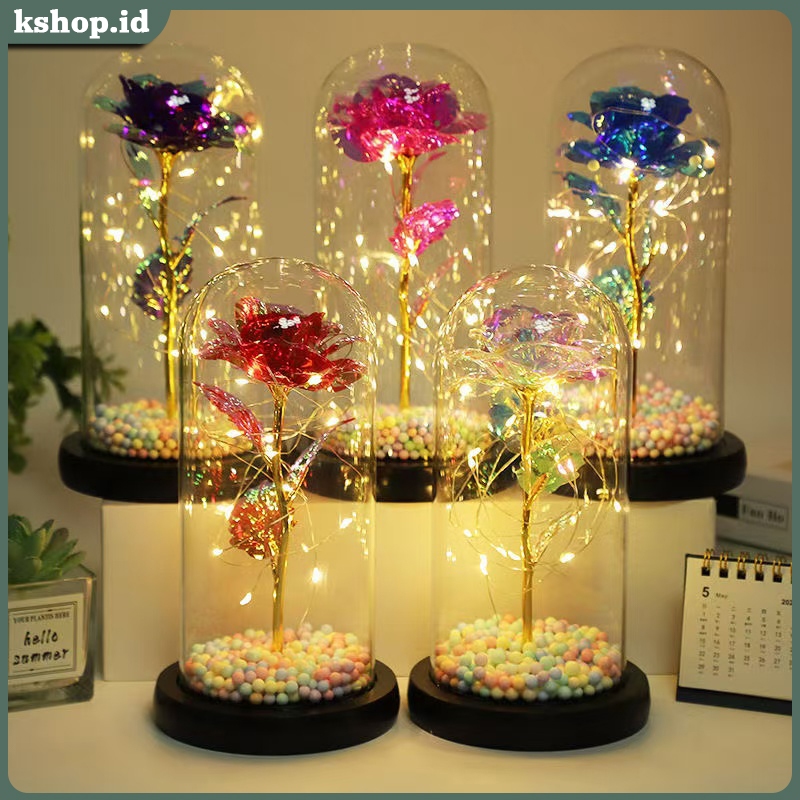 Ruangan Kamar Glass Lampu LED Bunga Mawar Dekorasi Beauty And The Beast Rose | Hampers Pajangan Kado