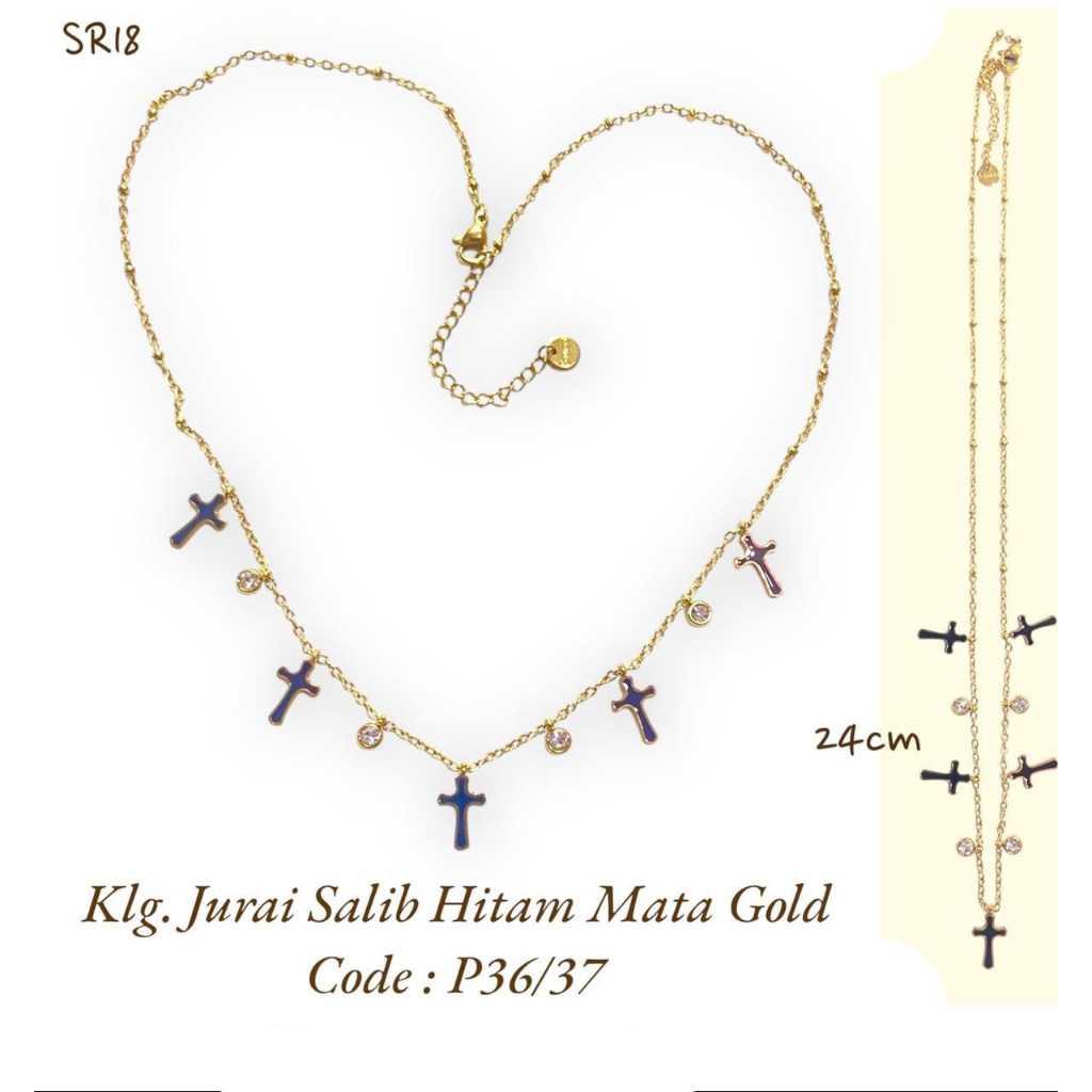 Kalung Jurai Salib Hitam Mata Gold - Souvenir Katolik