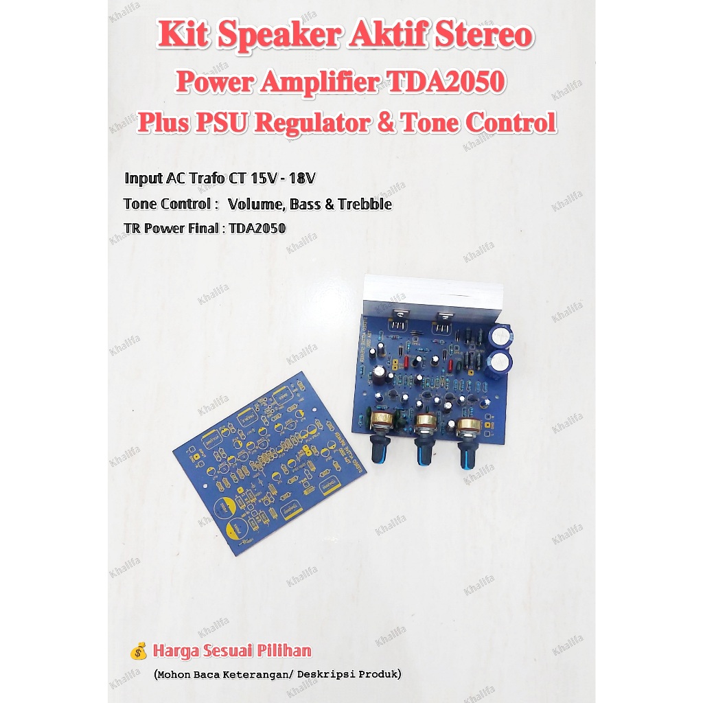 PCB Kit Modul Speaker Aktif Power Amplifier Plus PSU Regulator dan Tone Control TDA2050 Stereo AC 12