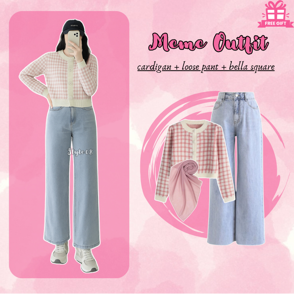 Meme Outfit Casual 3in1 ( Cardigan Kotak Pink + Kulot Jeans + Hijab ) OOTD Korean Hijab Kekinian