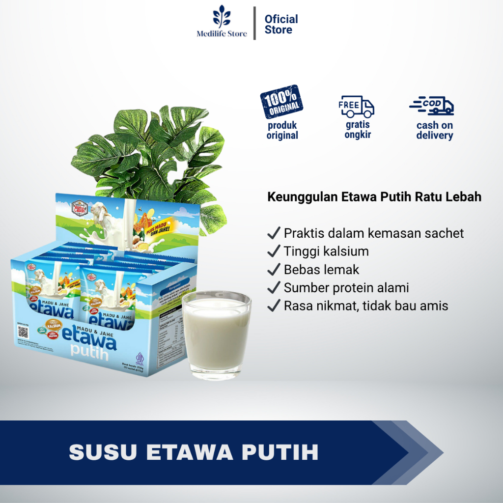 

SUSU KAMBING ETAWA PUTIH RATU LEBAH - rasa madu & vanila | madu & jahe | kemasan box isi 10 sachet