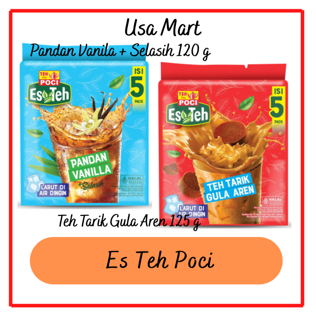 

Es Teh Poci Tarik Instan Gula Aren 5 x 25gram / Pandan Vanila + Selasih 5x 24 gram