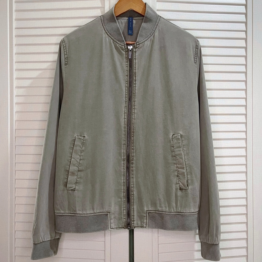 Zara Man - Washed Bomber Jacket - Khaki Green - Size L