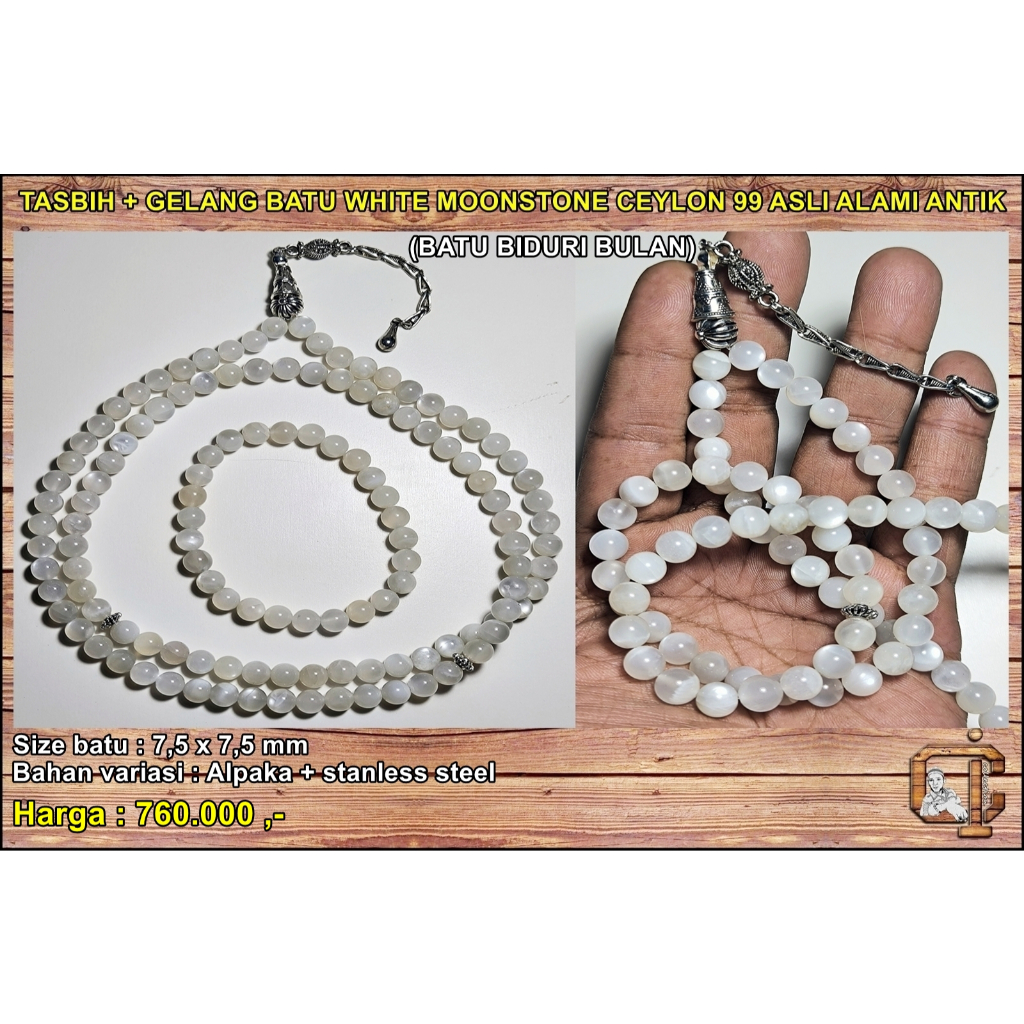Paket tasbih + gelang batu white moonstone atau batu biduri bulan putih asli alami.