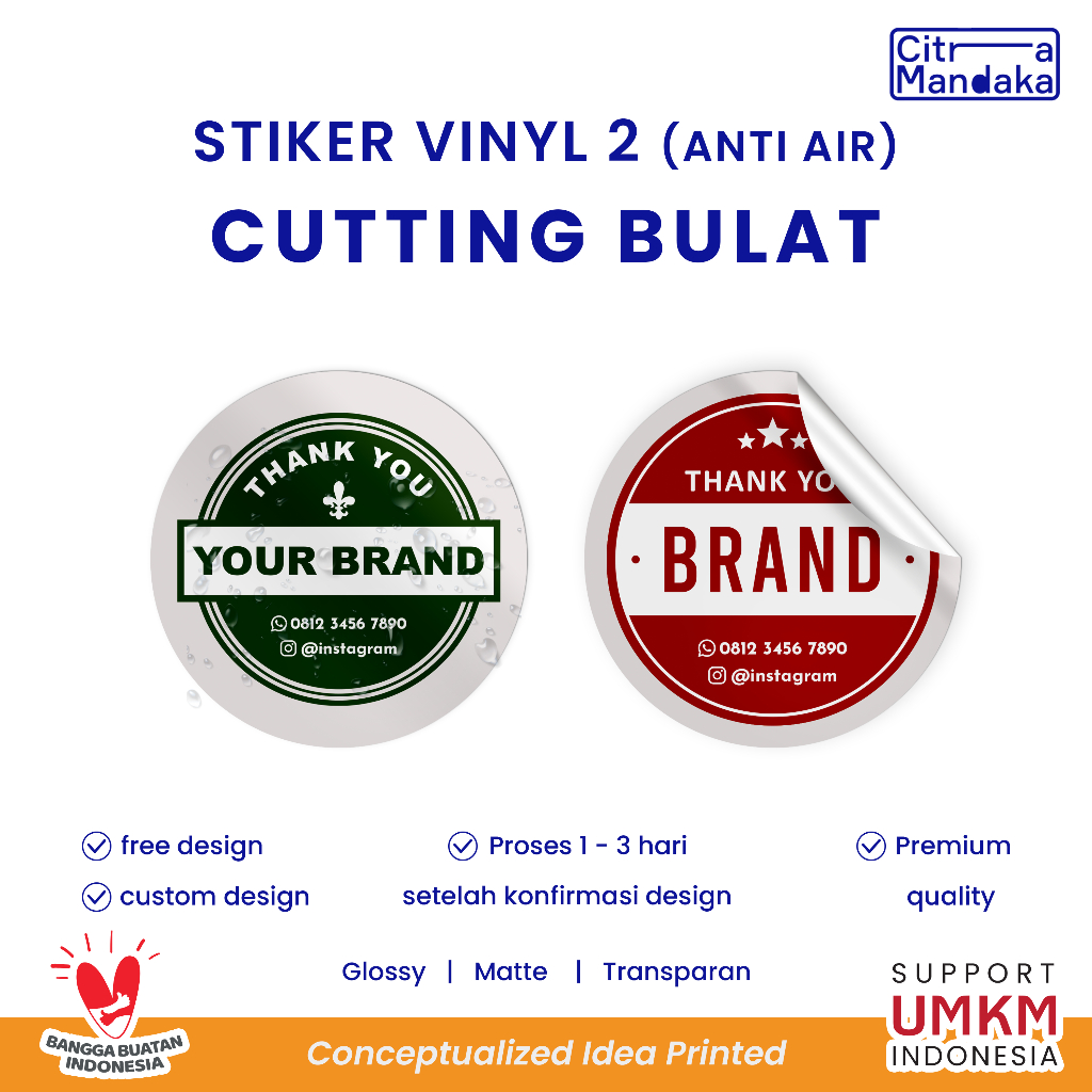 

Cetak Stiker Vinyl Anti Air Dan Minyak Custom | Label Nama Produk & Logo Usaha Free Design Cutting Bulat