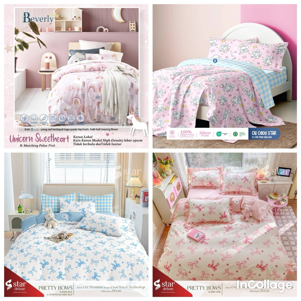 Seprai katun CVC collection motif:unicorn sweetheart,cn candy star,pretty bows 2 warna(ajwa)