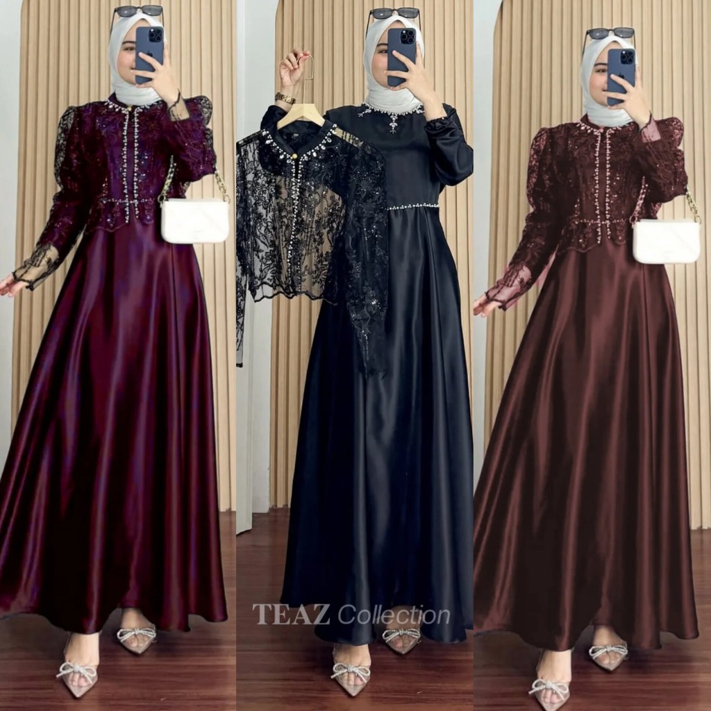 TEAZ DRESS WANITA DEWASA BAJU KONDANGAN SAKURA GAMIS SILK OUTHER BRUKAT APLIKASI PAYET MUTIARA/DRESS