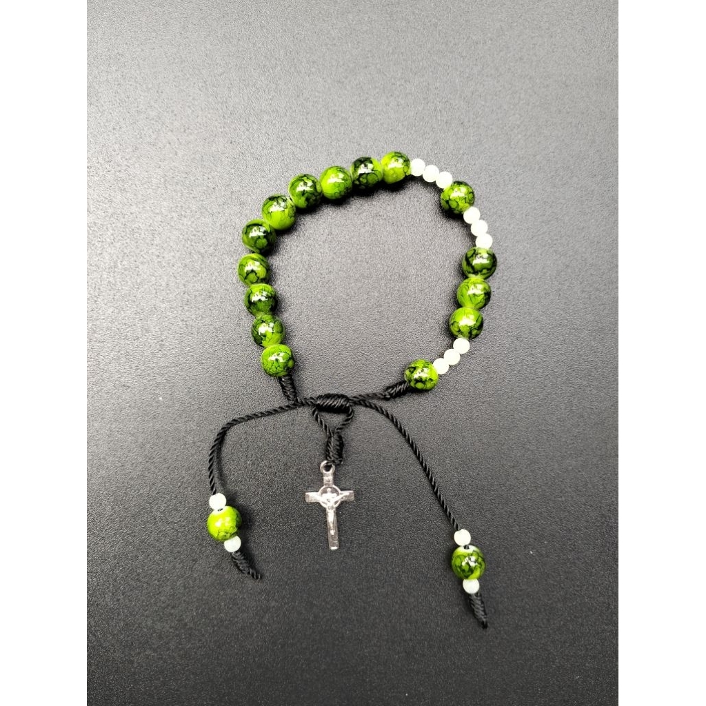 G285 GELANG ROSARIO MUTIARA BERAT HIJAU MOTIF BATU ALAM SALIB SILVER KATOLIK