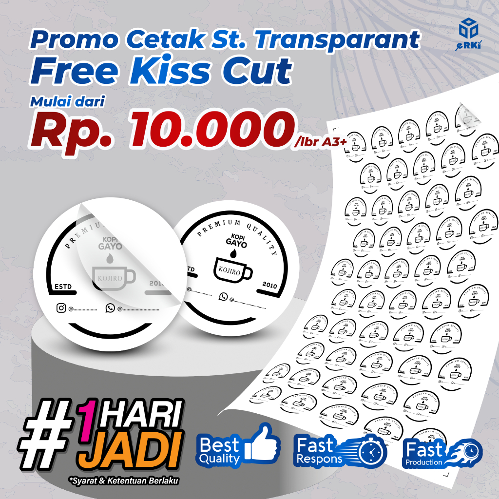 

Cetak Stiker Transparan A3+ Anti Air | Free Cutting Kiss Cut | Custom Logo Label Makanan Minuman – ERKI PRINTING