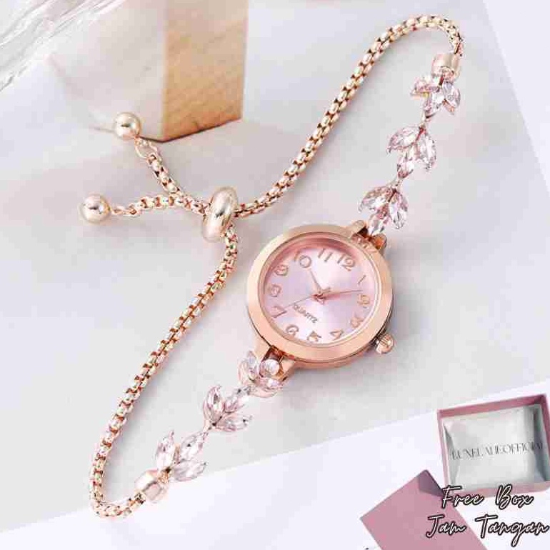 KODE S79D LuxeLane Jam Tangan Wanita Rantai Serut Daun Maple Silver Gold Pink Cewek Elegan Mewah Kor