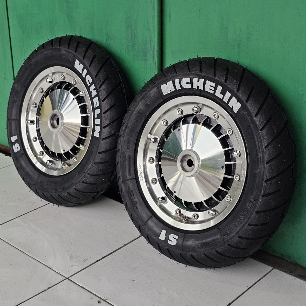 Paket Velg Ban Tubeless GS Modular Set Michelin S1 Sport Ring 10 3.50 Tromol Scarlet Vespa Px Super 