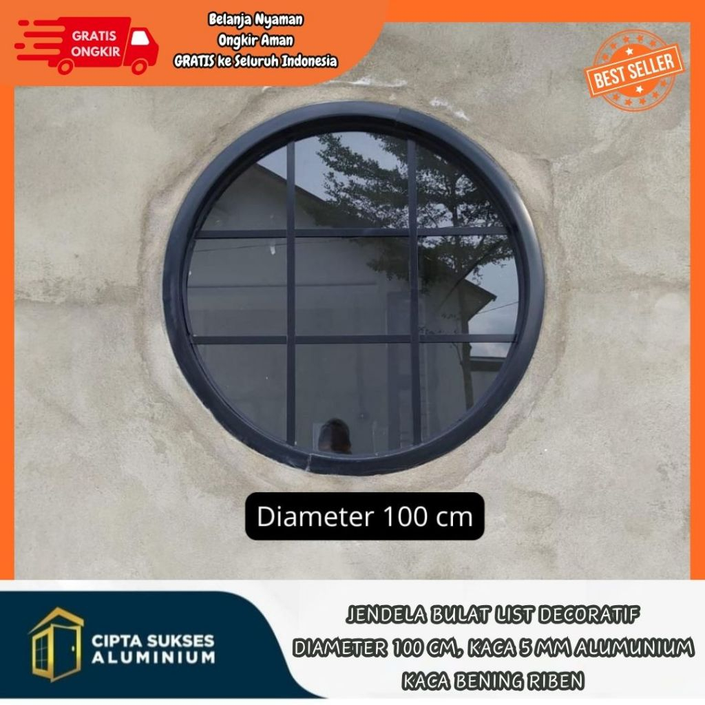 JENDELA BULAT BUNDAR ALUMINIUM DIAMETER 100 CM bergaransi FREE PALET KAYU jendela aluminium kaca ter