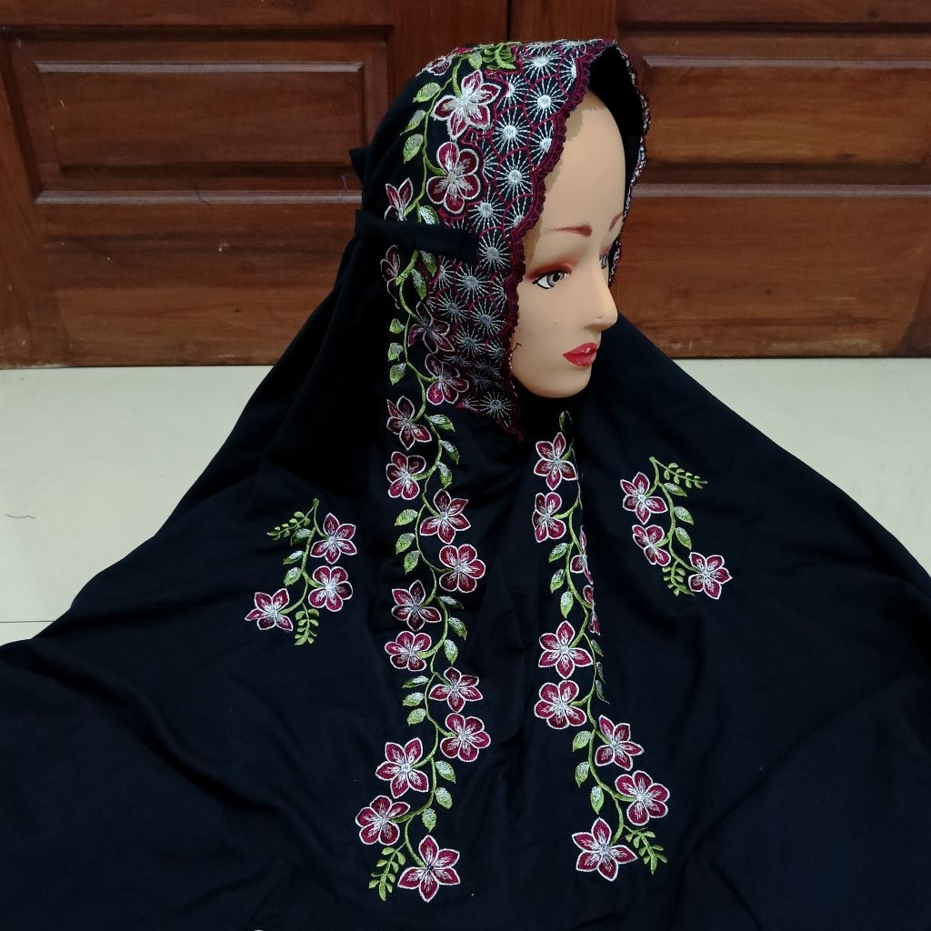 MUKENA BORDIR DEWASA TERUSAN WARNA HITAM LANGSUNGAN LAJURAN MUKENAH KATUN MICRO MOTIF RAMBAT